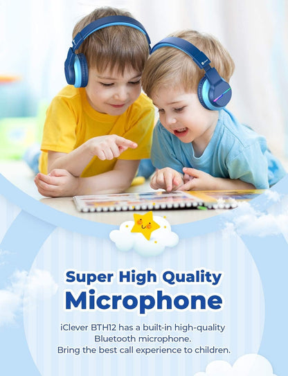 Bluetooth Kids Headphones BTH12 | LED Lights, 74/85dB Volume Limit, 85H Playtime, Bluetooth 5.2, Built-In Mic