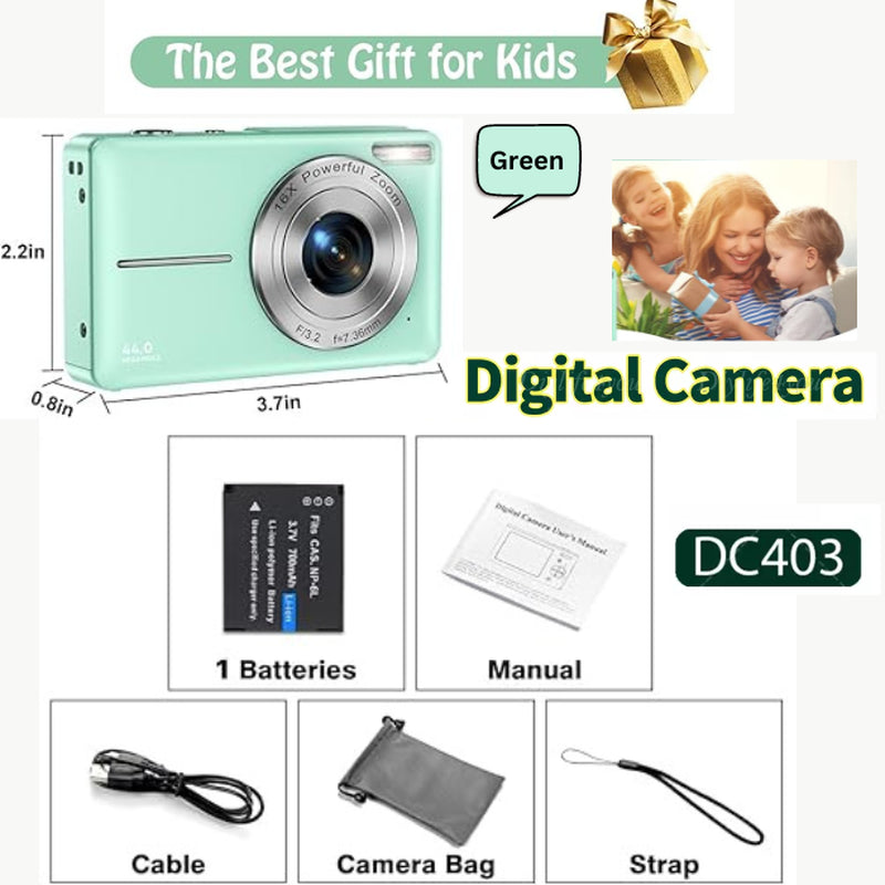 HD Digital Camera 44MP - 1080P Video, 2.4'' LCD, 16X Zoom, Anti-Shake, Ideal for Beginners