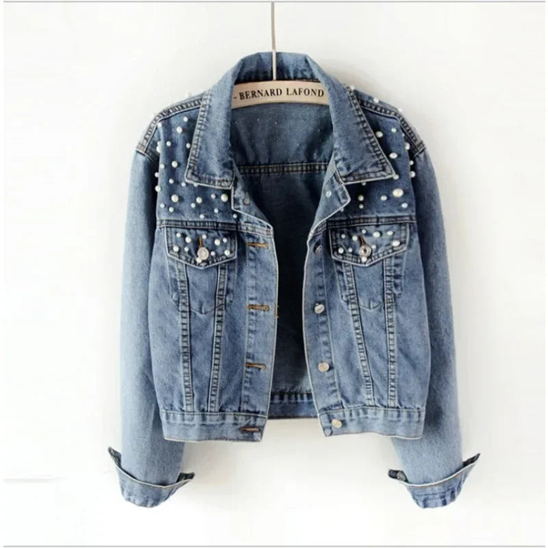Women's Short Pearl Beaded Denim Jacket – Loose Fit Spring & Autumn Layer