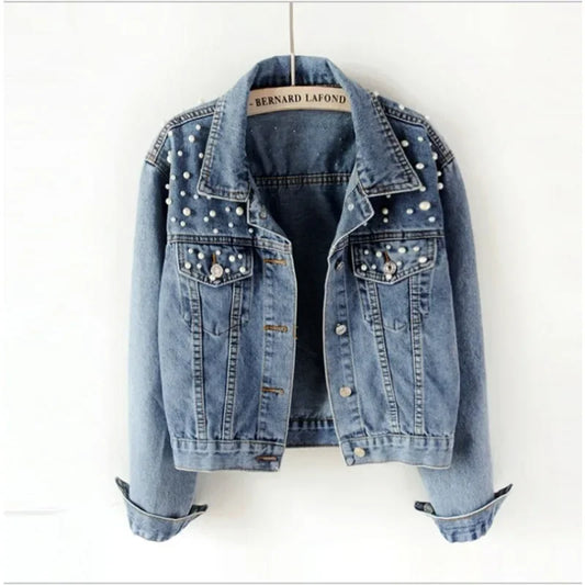 Women's Short Pearl Beaded Denim Jacket – Loose Fit Spring & Autumn Layer