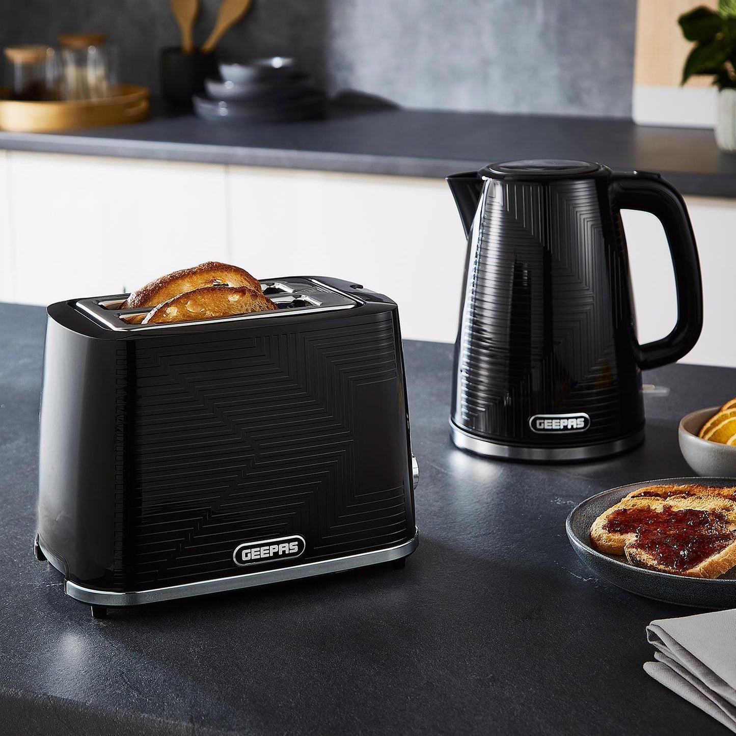 GEEPAS Opus Collection 1.7L Electric Kettle & 2 Slice Bread Toaster Set, Black