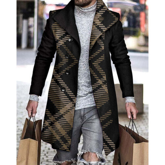 Men’s Slim Fit Plaid Trench Coat – Winter Warm Long Sleeve Jacket