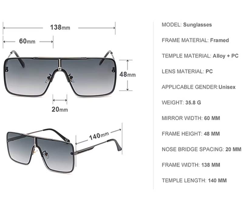 Oversized Steampunk One-Piece Sunglasses – 2024 Luxury Square Rimless Punk Shades for Men