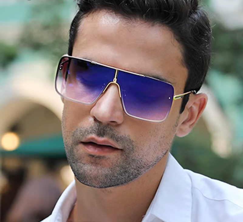 Oversized Steampunk One-Piece Sunglasses – 2024 Luxury Square Rimless Punk Shades for Men