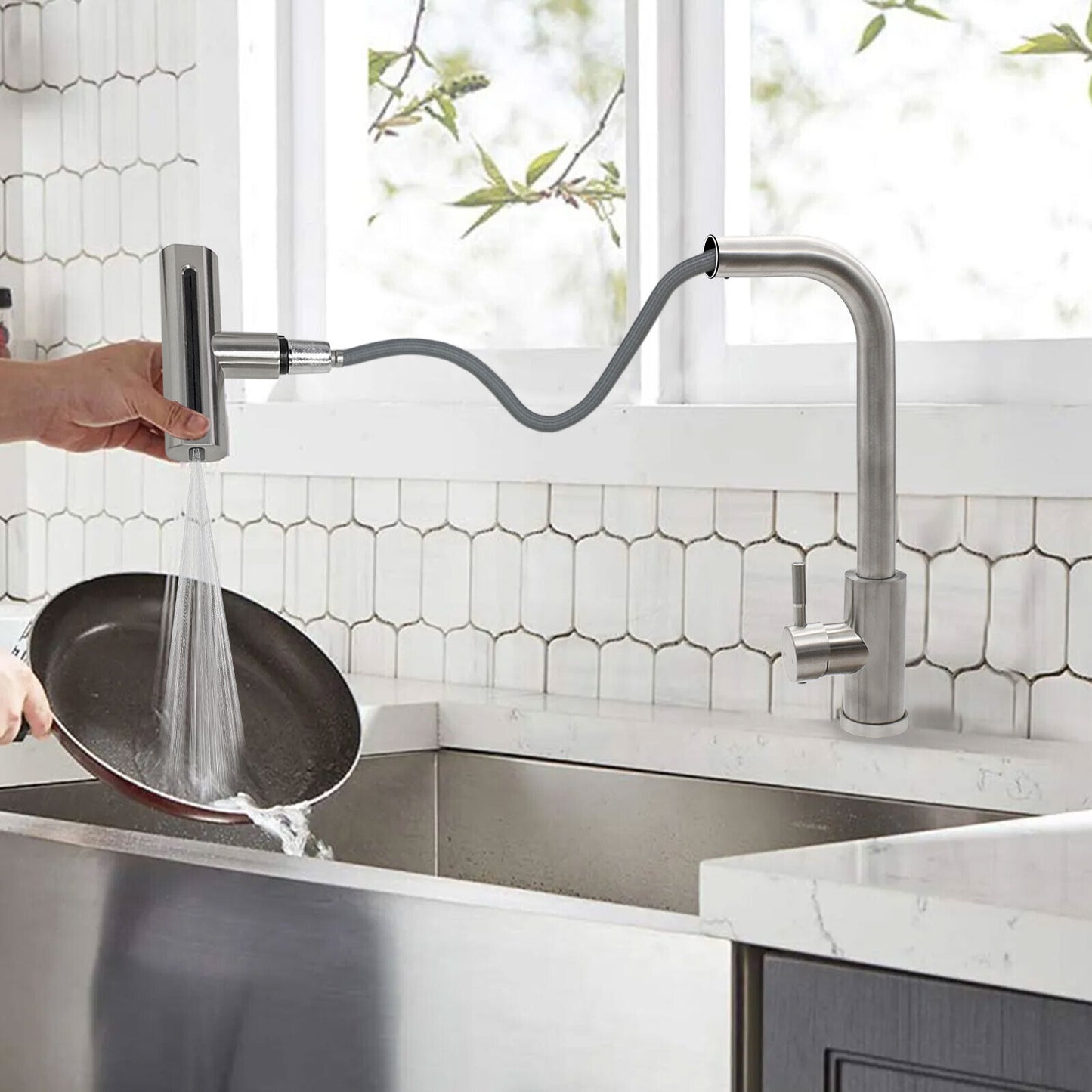 Kitchen Sink Mixer Taps 4 Mode Pull Out Spout Spray Single Lever Modern Mono Tap