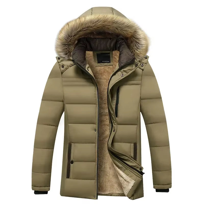 Men's Winter Waterproof Hooded Parka Jacket – Thick Fleece, Fur Collar, Casual Warm Coat