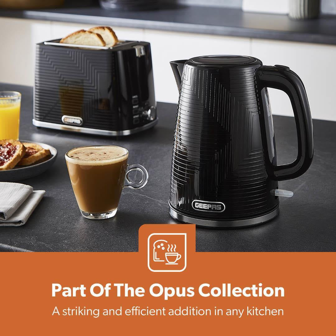 GEEPAS Opus Collection 1.7L Electric Kettle & 2 Slice Bread Toaster Set, Black