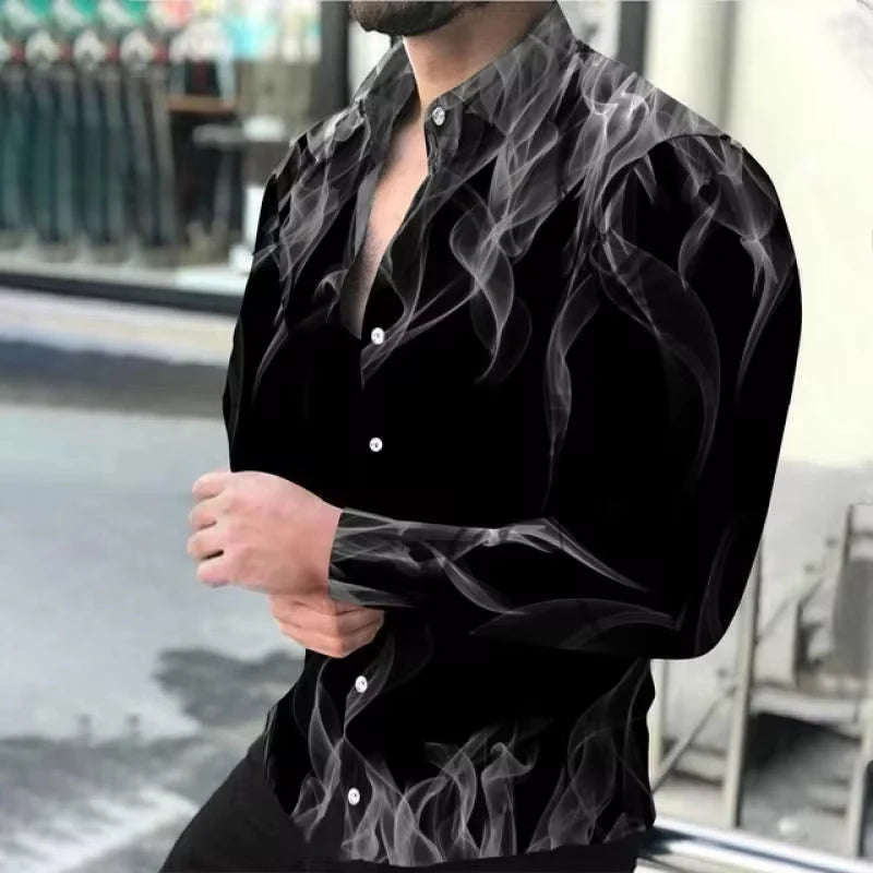 Fashion New Men Shirts Turn-Down Collar Buttoned Shirt Spring and Autumn Casual Flame Print Long Sleeve Tops Mens Clothes