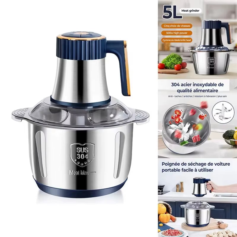 500W 5L Electric Meat Grinder & Food Processor | Stainless Steel Blender & Vegetable Chopper