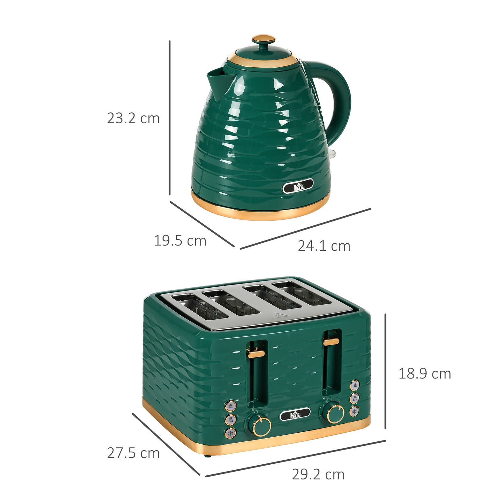 HOMCOM Kettle and Toaster Set 1.7L Rapid Boil Kettle & 4 Slice Toaster - Green