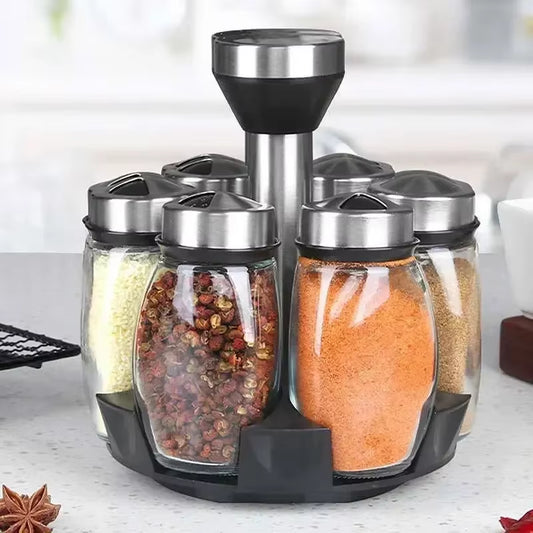 Rotating Spice Jar Set with Rack – 1/7 Pcs Glass Seasoning Bottle Organizer for Kitchen Storage, Salt, Pepper, Sugar Shakers