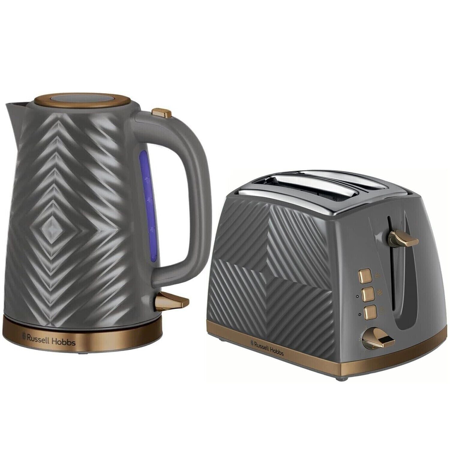 Russell Hobbs Groove Electric Kettle& 2 Slice Toaster Set Tactile 3D Design Grey