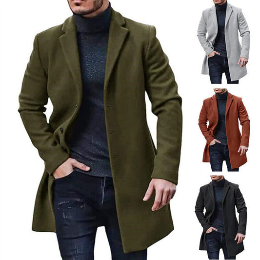 Men’s Winter Warm Trench Coat – Long Smart Formal Overcoat with Button Accents, Pockets & Lining