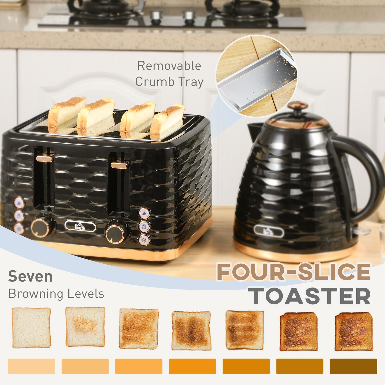 HOMCOM Kettle and Toaster Set 1.7L Rapid Boil Kettle & 4 Slice Toaster Black