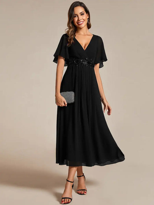 Mint Green Formal Evening Dress – Deep V-Neck Applique Ruffle Tea-Length Gown with Short Sleeves (Wedding Guest Dress, Corporate Event, Office Dress-Up)