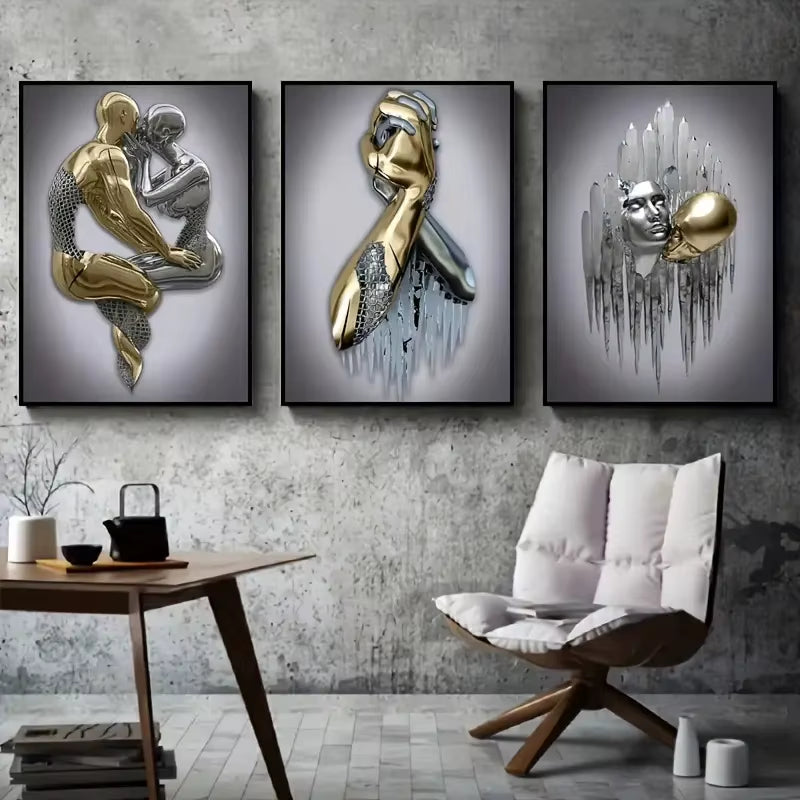 3Pcs Canvas Poster Metal Figure Statue Art Canvas Painting Decor Romantic Abstract Poster Modern Art Living Room Bedroom Decor