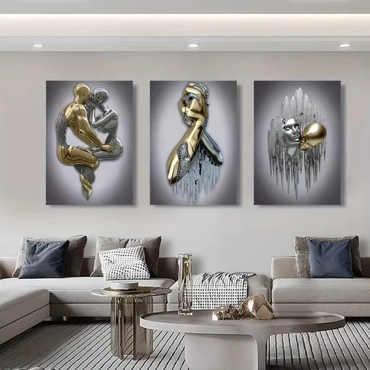 3Pcs Canvas Poster Metal Figure Statue Art Canvas Painting Decor Romantic Abstract Poster Modern Art Living Room Bedroom Decor