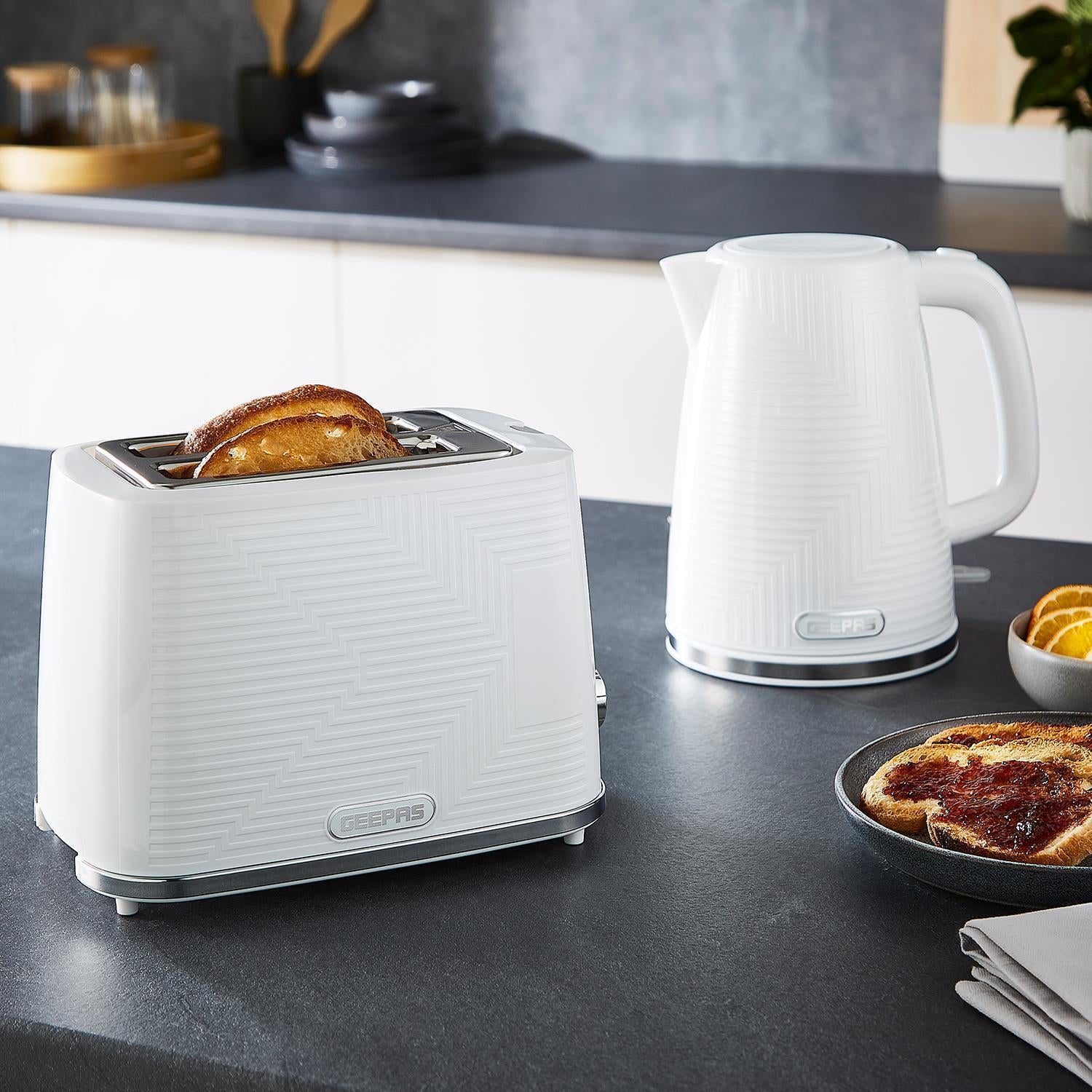 GEEPAS Opus Collection 1.7L Electric Kettle & 2 Slice Bread Toaster Set, White