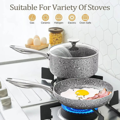 8-Piece Stone Cookware Set with Ultra Nonstick Coating – Pots, Pans & Wok Set