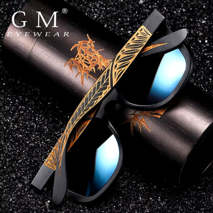 GM Handmade Black Bamboo Wooden Frame Sunglasses for Women Men Polarized Vintage Bamboo Wooden Sun Glasses