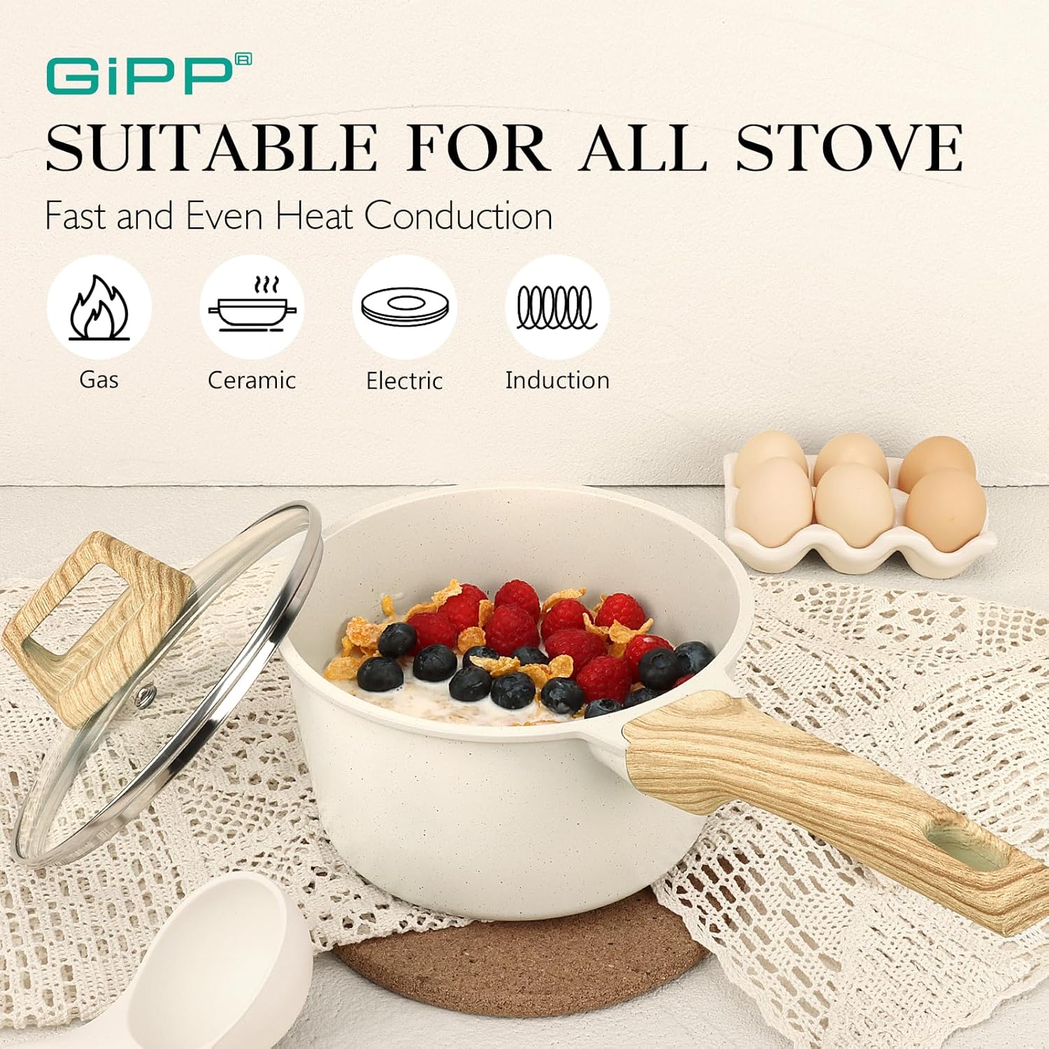 Nonstick Sauce Pan with Lid - 2.5L Small Sauce Pot Non Stick Cooking Pot with Stay-Cool Handle, Kitchen Pots Granite Saucepan Induction Compatible, PFOA Free(White, 18Cm)