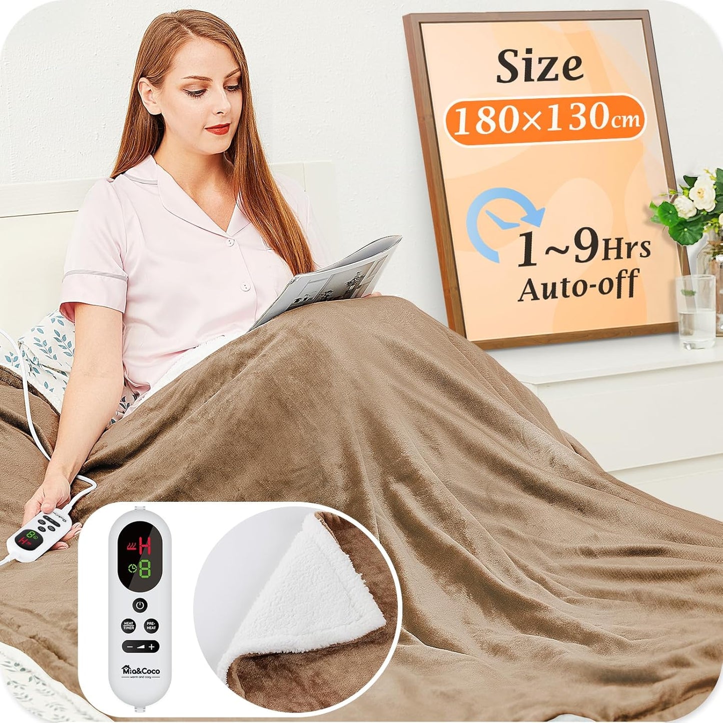 Electric Heated Blanket Throw Flannel Sherpa Fast Heating 120X160Cm, 10 Heat Levels & Up-To-9-Hours Auto-Off Timer & LED Display, for Home Office Use, Machine Washable, ETL Certified, Grey