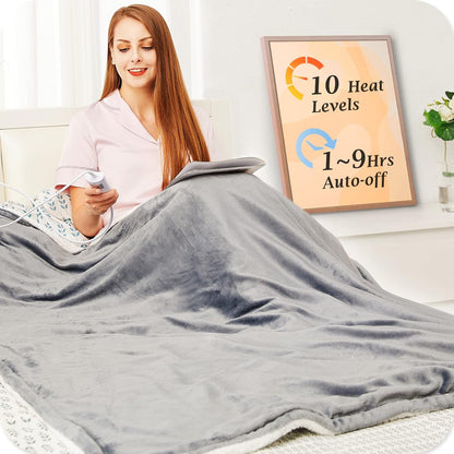 Electric Heated Blanket Throw Flannel Sherpa Fast Heating 120X160Cm, 10 Heat Levels & Up-To-9-Hours Auto-Off Timer & LED Display, for Home Office Use, Machine Washable, ETL Certified, Grey