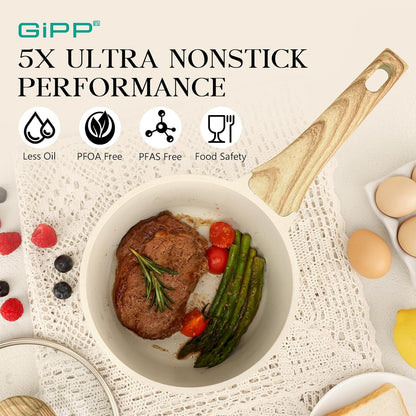 Nonstick Sauce Pan with Lid - 2.5L Small Sauce Pot Non Stick Cooking Pot with Stay-Cool Handle, Kitchen Pots Granite Saucepan Induction Compatible, PFOA Free(White, 18Cm)