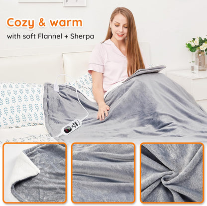 Electric Heated Blanket Throw Flannel Sherpa Fast Heating 120X160Cm, 10 Heat Levels & Up-To-9-Hours Auto-Off Timer & LED Display, for Home Office Use, Machine Washable, ETL Certified, Grey