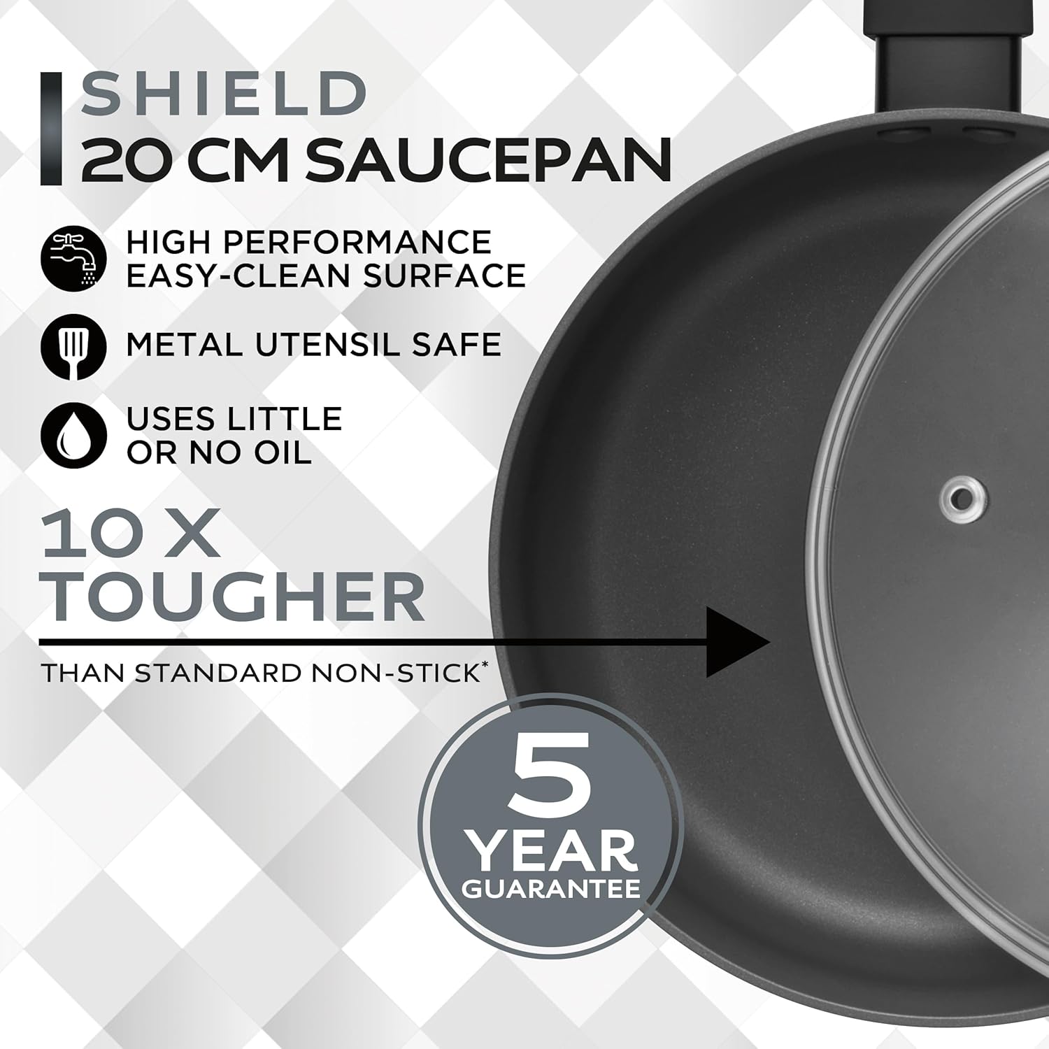 Russell Hobbs Shield 20 Cm Saucepan – Non-Stick Coating 10X Tougher*, Induction Suitable Cooking Pot, Tempered Glass Lid, Pressed Aluminium Casserole, Easy to Clean, Soft-Touch Handle