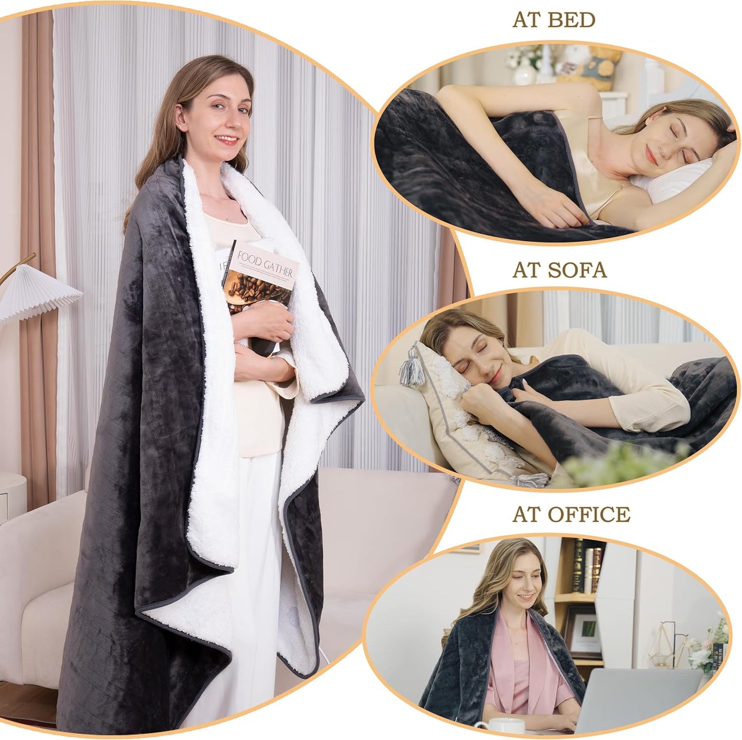 Electric Heated Blanket Throw,Flannel+Sherpa Fleece Heated Blanket,4 Heat Settings, 4 Timer Settings,160 X 130Cm