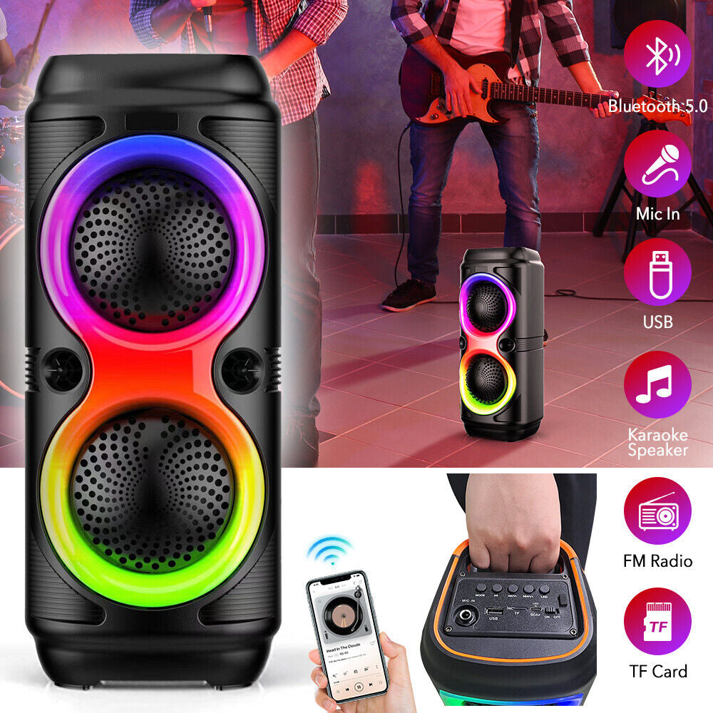 High Bass Portable Bluetooth Speaker with RGB Lights, Dual Speakers, and Karaoke Mode