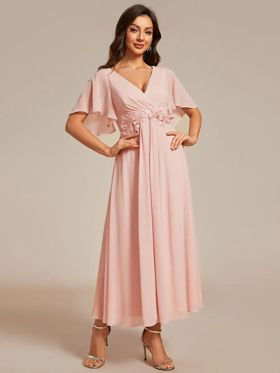 Mint Green Formal Evening Dress – Deep V-Neck Applique Ruffle Tea-Length Gown with Short Sleeves (Wedding Guest Dress, Corporate Event, Office Dress-Up)