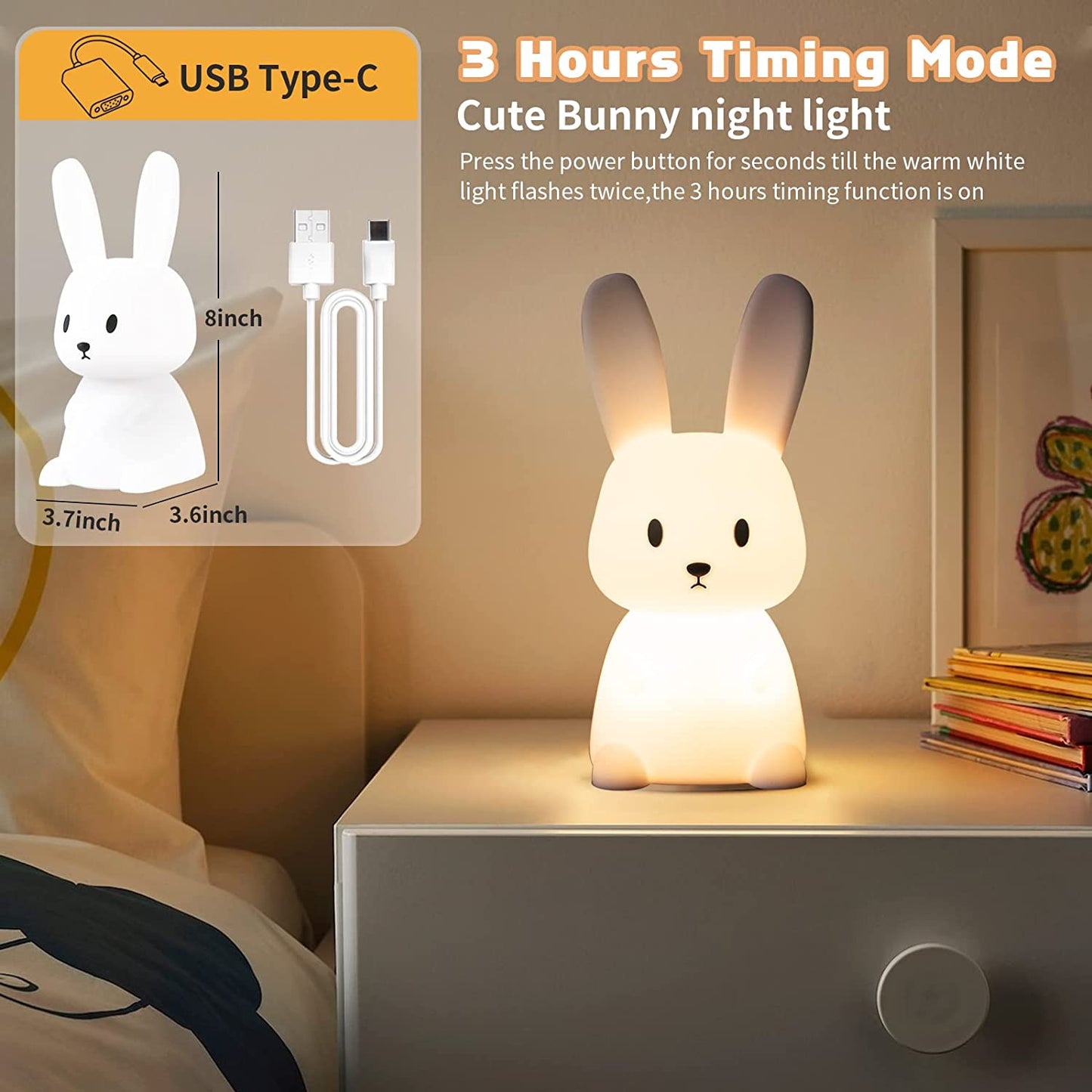 Bunny Baby Night Light, Kids USB Charging Bedroom Light, Night Lamp Cute Animal