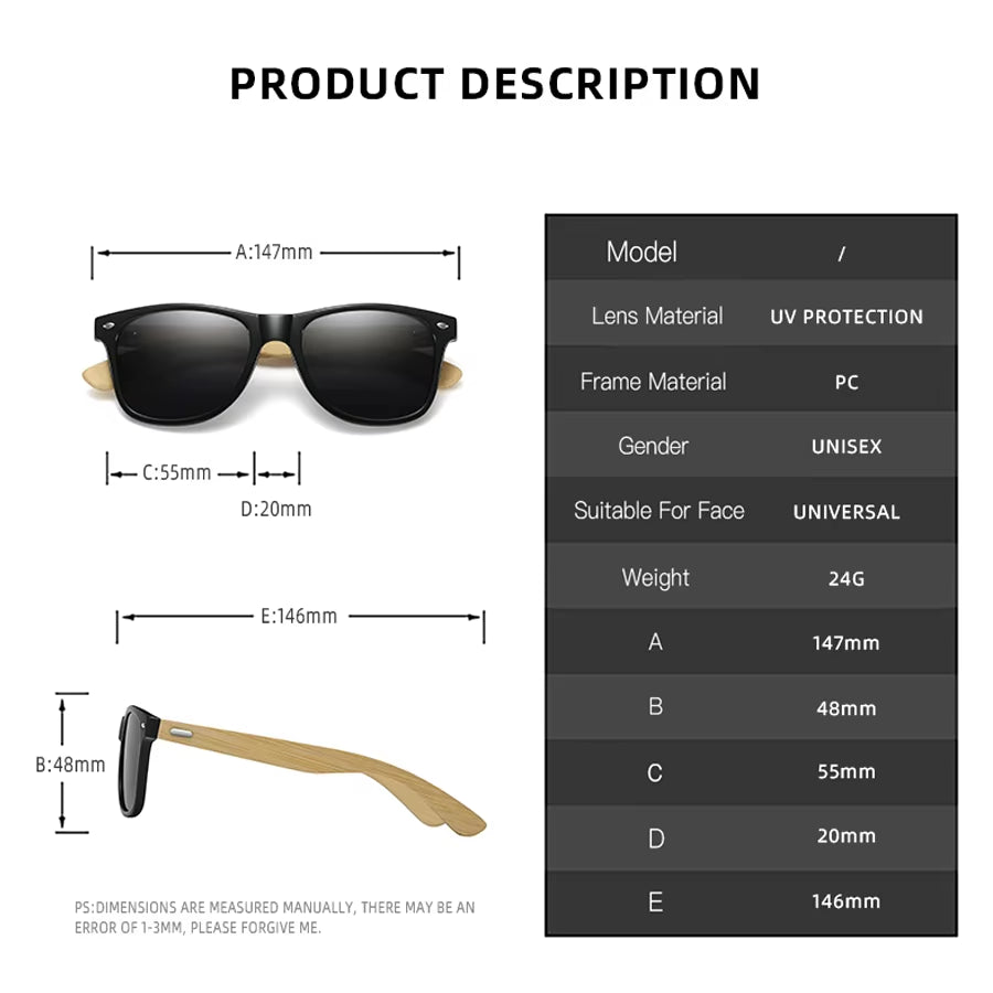 Bamboo Wood Vintage Square Sunglasses Men Women Luxury Brand Designer Sun Glasses Wooden Driving Fishing UV400 Eyewear