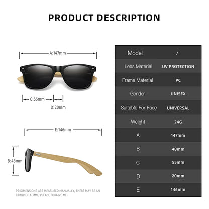 Bamboo Wood Vintage Square Sunglasses Men Women Luxury Brand Designer Sun Glasses Wooden Driving Fishing UV400 Eyewear