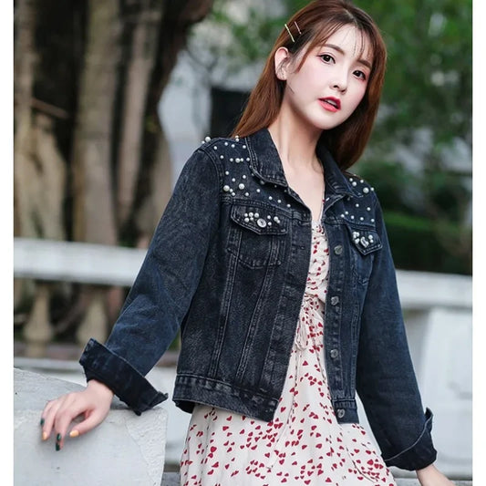 Women's Short Pearl Beaded Denim Jacket – Loose Fit Spring & Autumn Layer