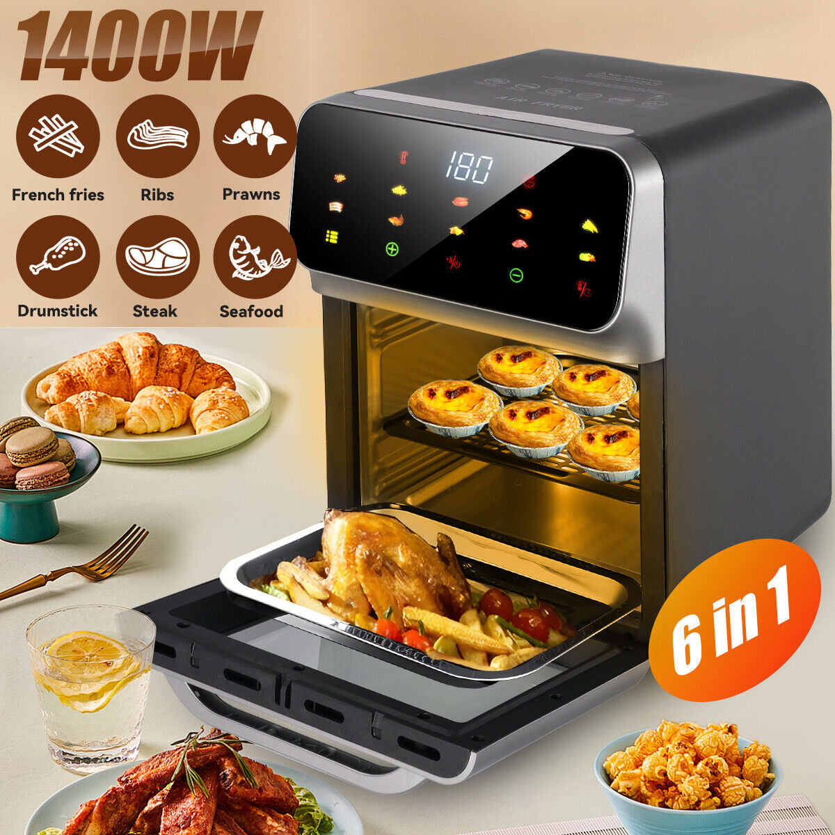 Air Fryer 15L 1400W Digital Kitchen Oven Oil Free Low Fat Healthy Frying Cooke