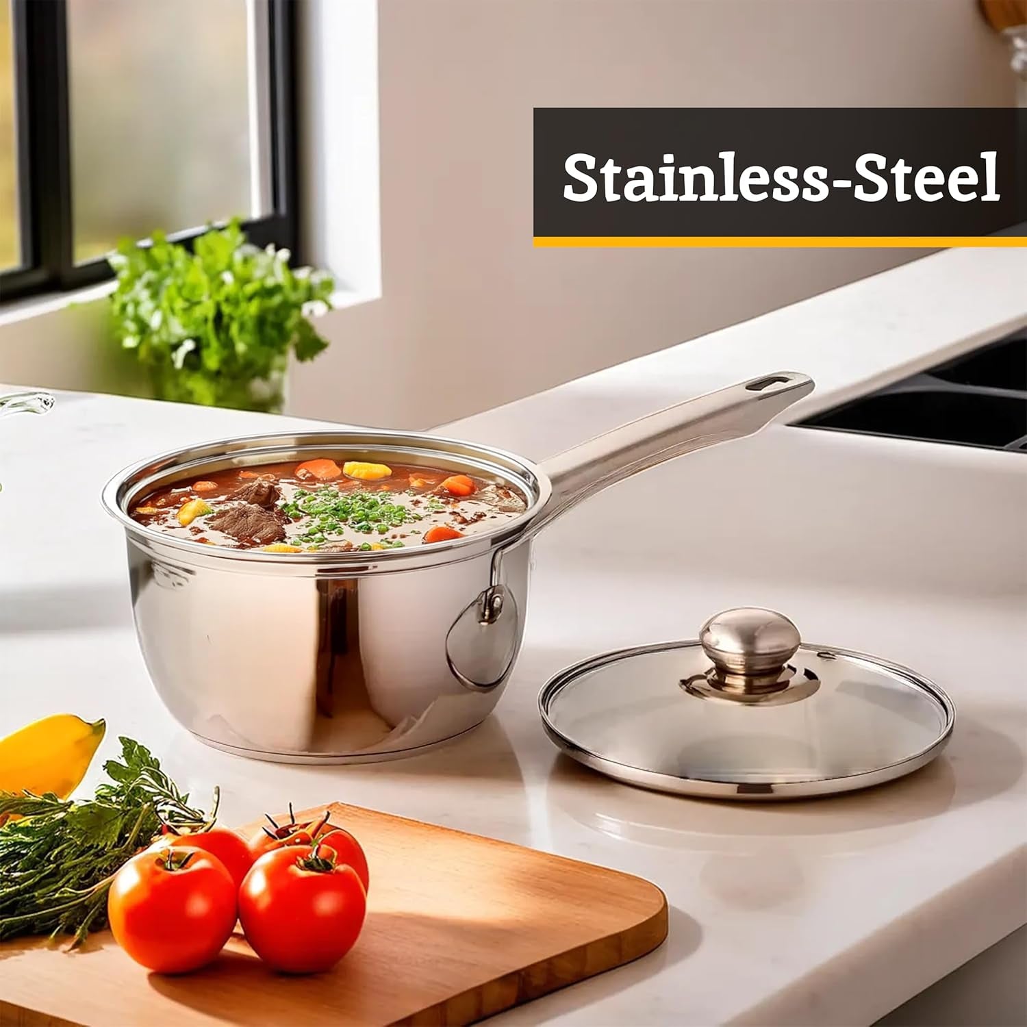 Housewares Stainless Steel Saucepan Set, 3 Piece Set with Glass Lids,Silver,H14 X W40 X D26Cm