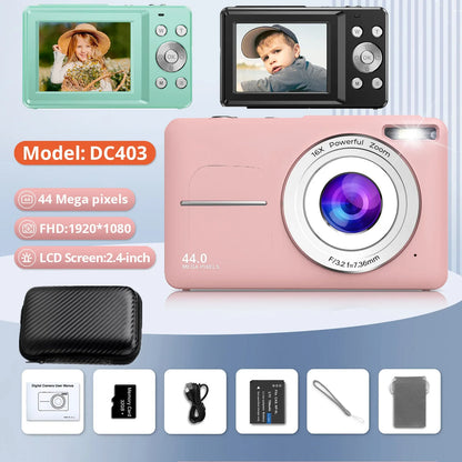 HD 1080P Digital Camera – Compact 44MP Camera with 2.4-Inch LCD Screen, 16X Zoom, and Rechargeable Battery