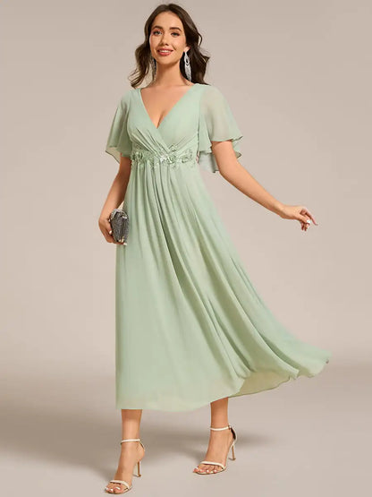 Mint Green Formal Evening Dress – Deep V-Neck Applique Ruffle Tea-Length Gown with Short Sleeves (Wedding Guest Dress, Corporate Event, Office Dress-Up)