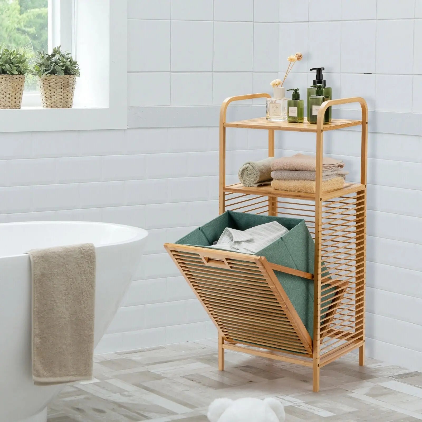 Bamboo Laundry Bin with Storage and Removable Basket - DynamicDrop Hub