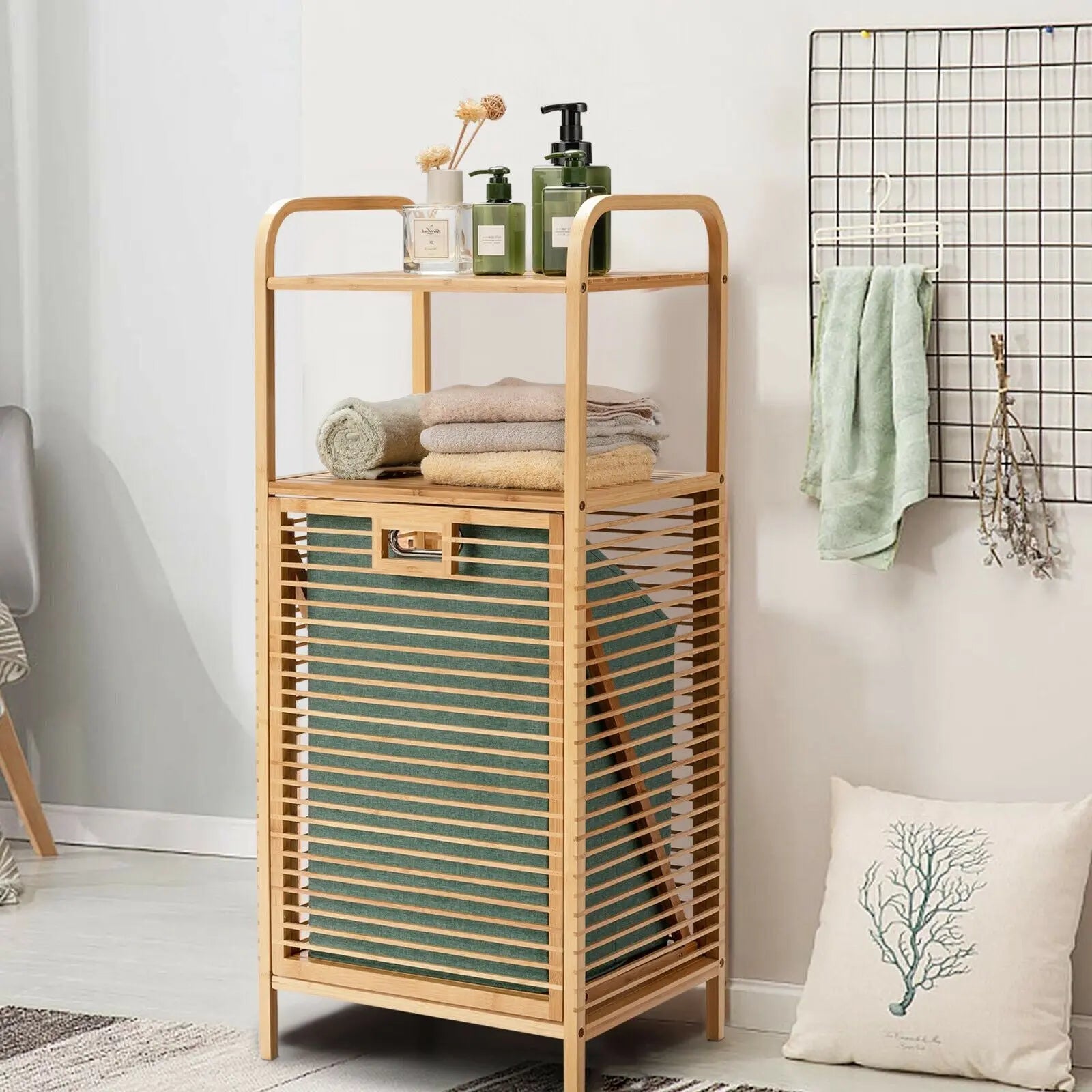 Bamboo Laundry Bin with Storage and Removable Basket - DynamicDrop Hub