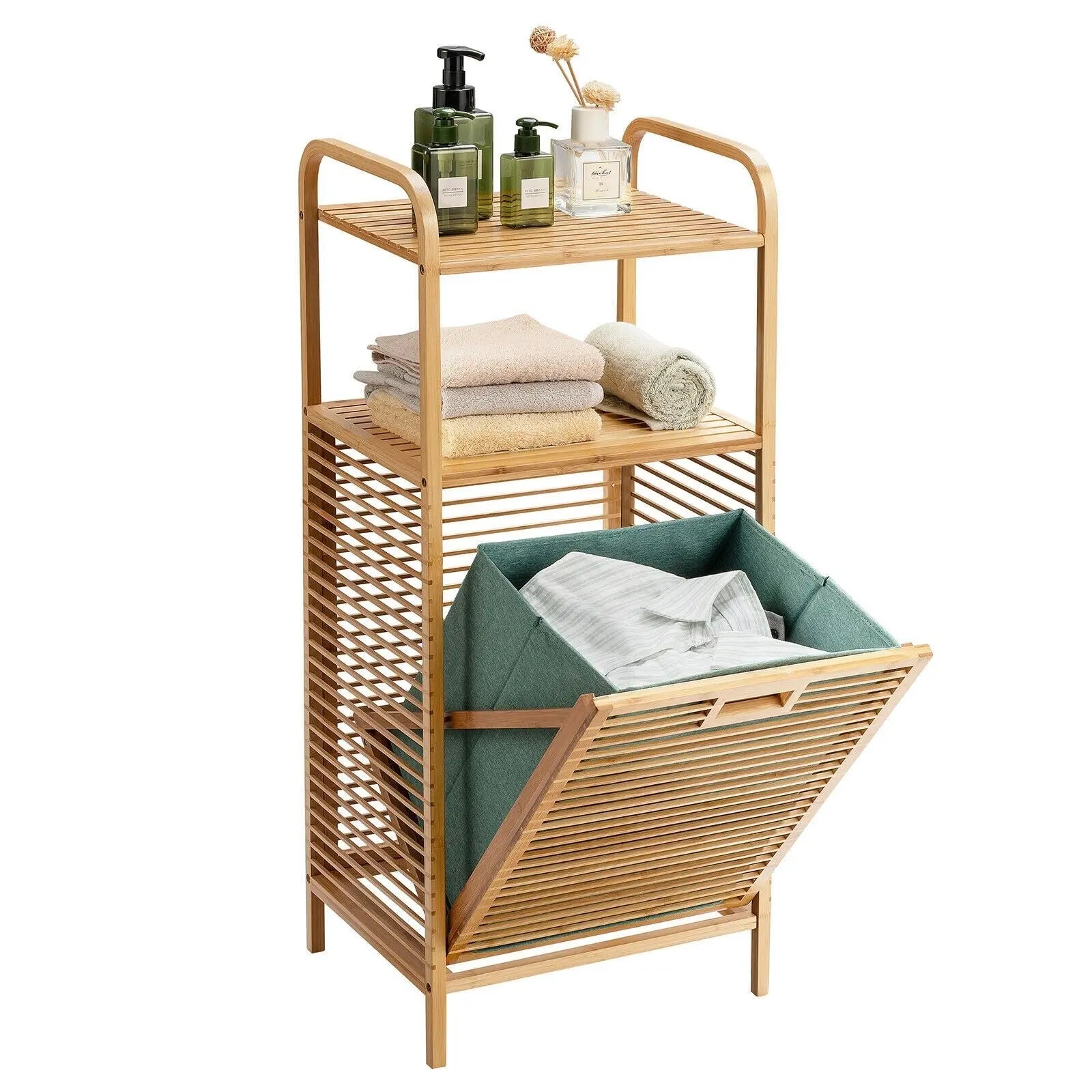 Bamboo Laundry Bin with Storage and Removable Basket - DynamicDrop Hub