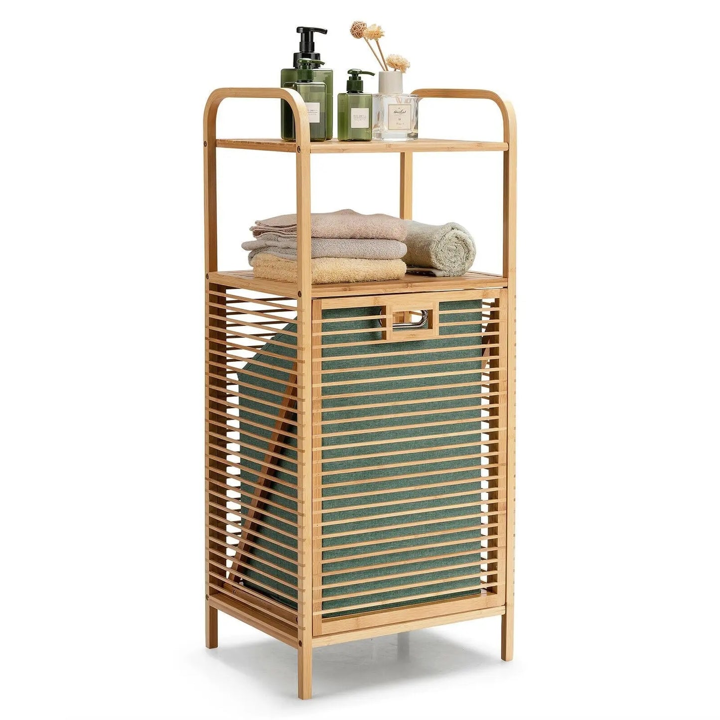 Bamboo Laundry Bin with Storage and Removable Basket - DynamicDrop Hub