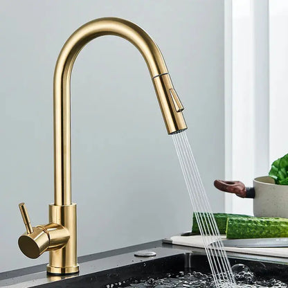 Brushed Gold Kitchen Faucet Pull Out Kitchen Sink Water Tap Single Handle Mixer Tap 360 Rotation Kitchen Shower Faucet - DynamicDrop Hub