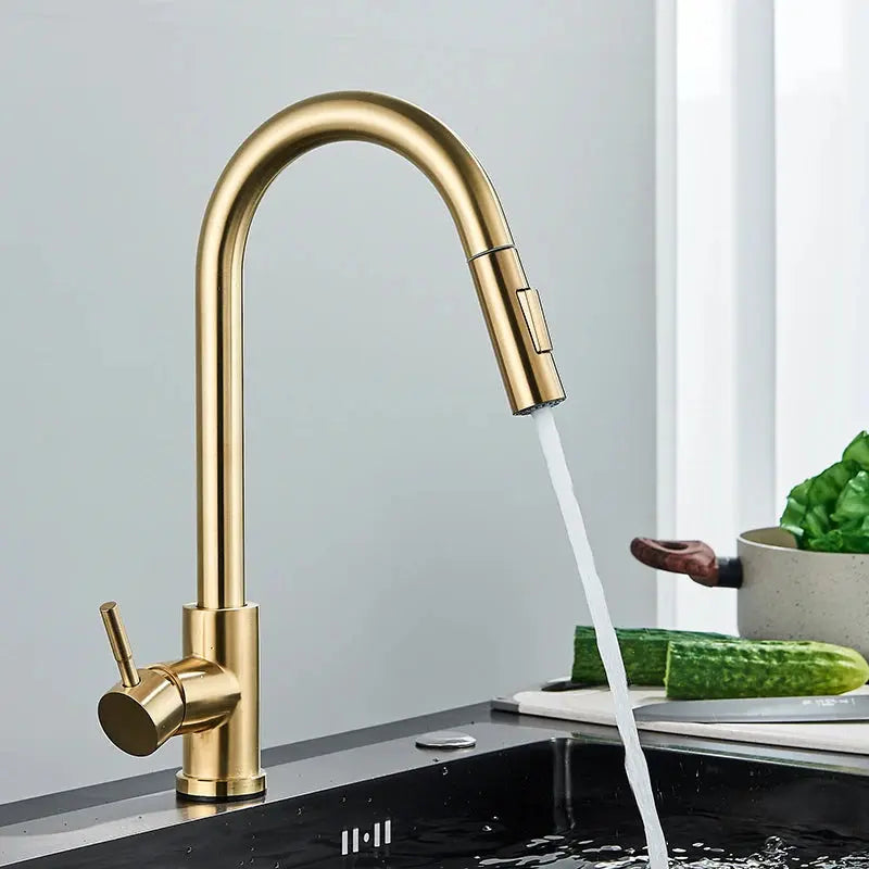 Brushed Gold Kitchen Faucet Pull Out Kitchen Sink Water Tap Single Handle Mixer Tap 360 Rotation Kitchen Shower Faucet - DynamicDrop Hub