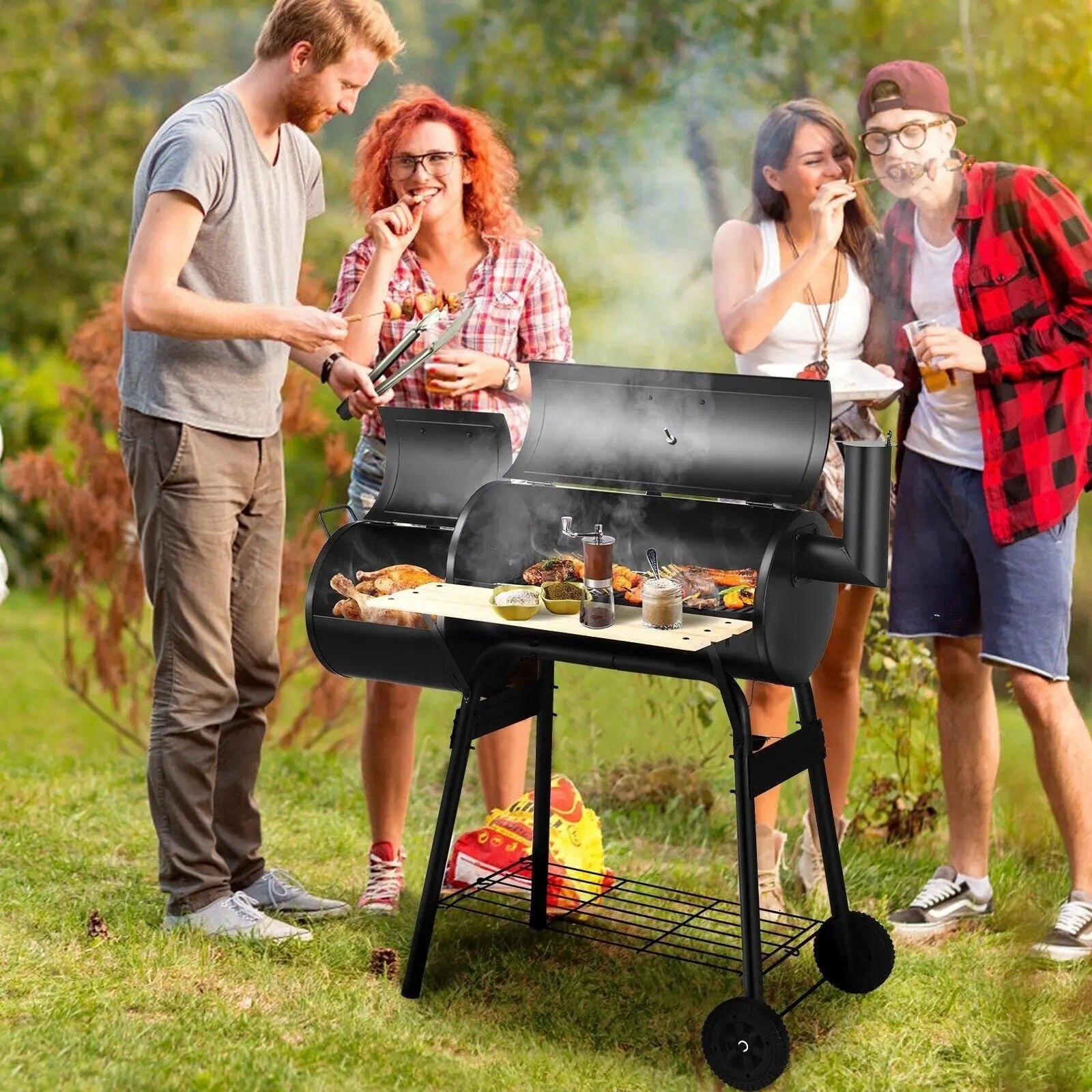 Charcoal BBQ Grill with Wheels and Shelves for Camping Picnic Party - DynamicDrop Hub