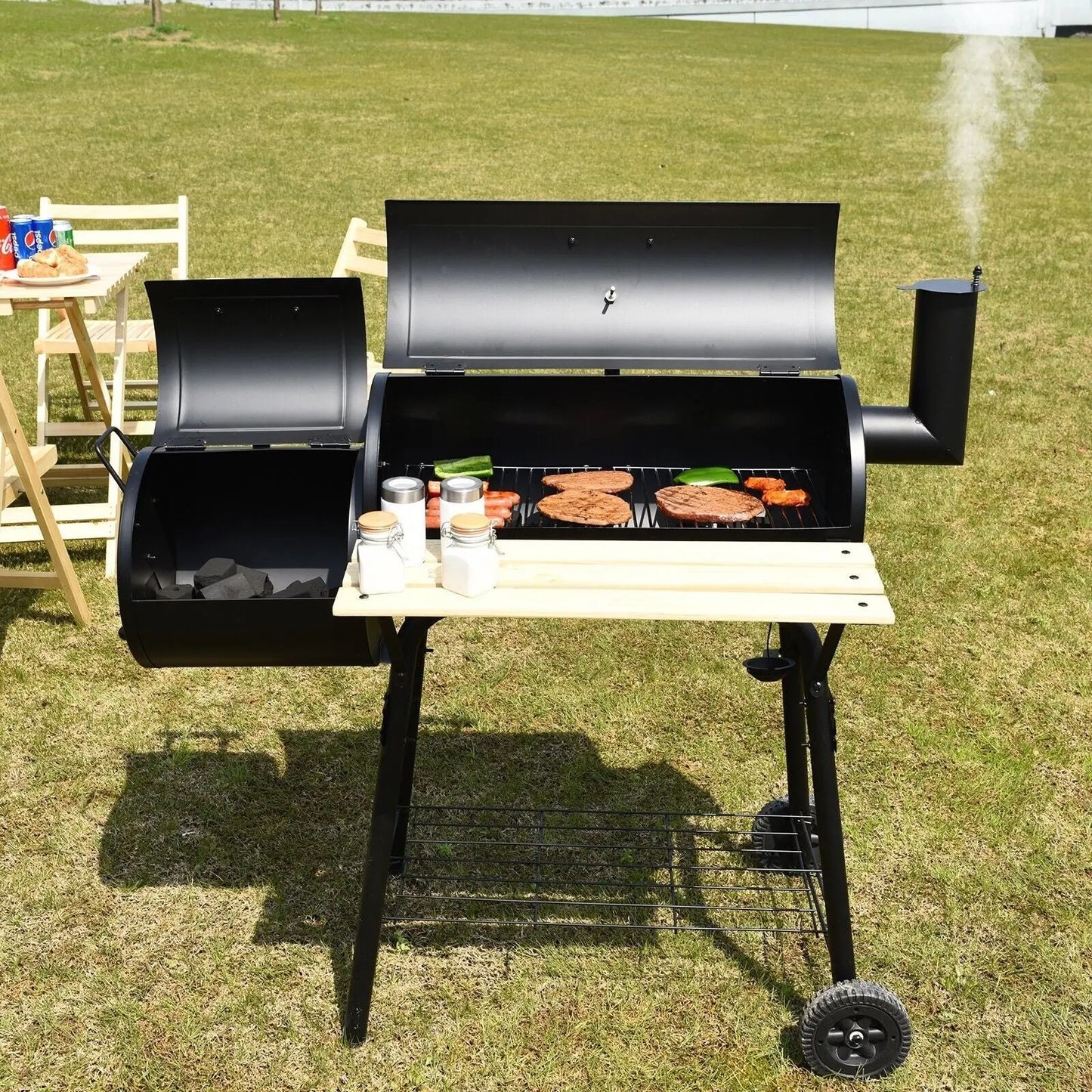 Charcoal BBQ Grill with Wheels and Shelves for Camping Picnic Party - DynamicDrop Hub