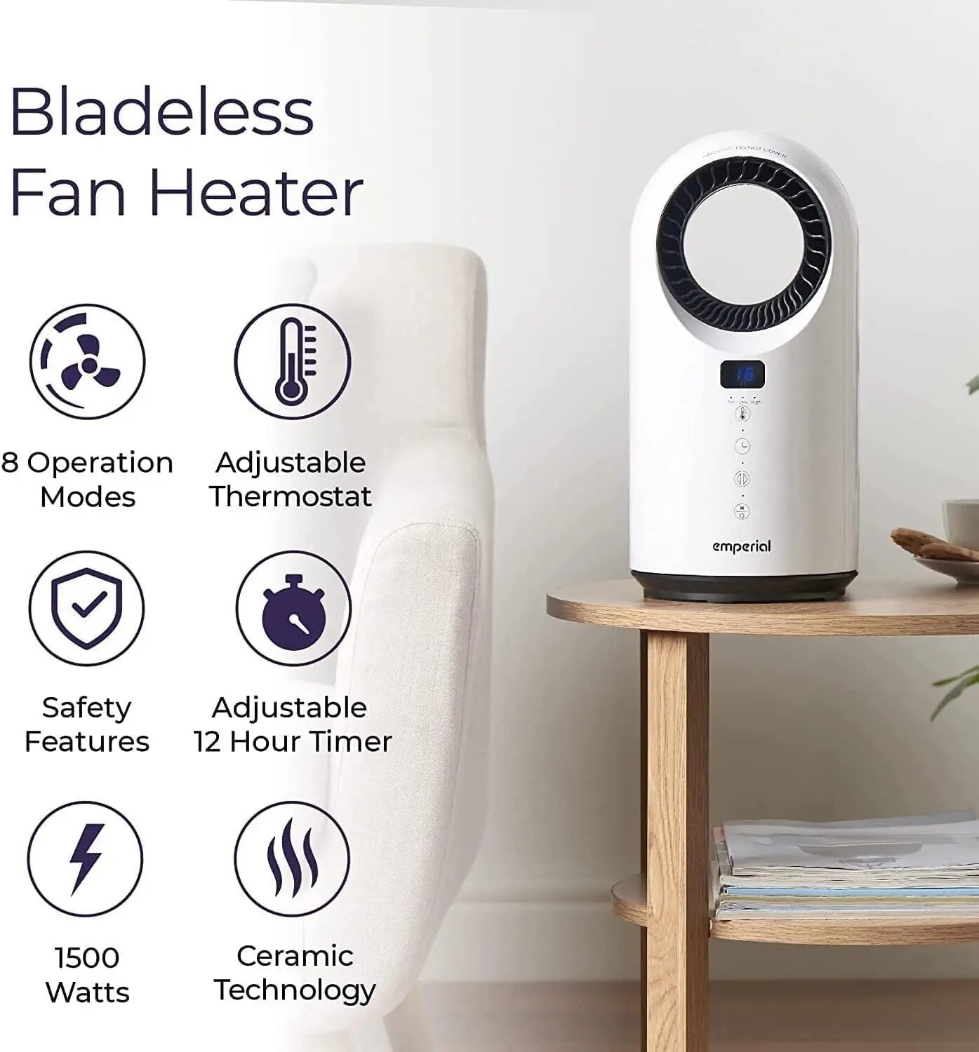 Emperial Bladeless PTC Tower Fan Heater Auto Oscillation Thermostat Timer- 1500W - DynamicDrop Hub